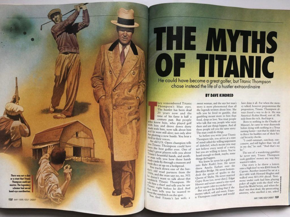 Double spread of a magazine article on Titanic Thompson